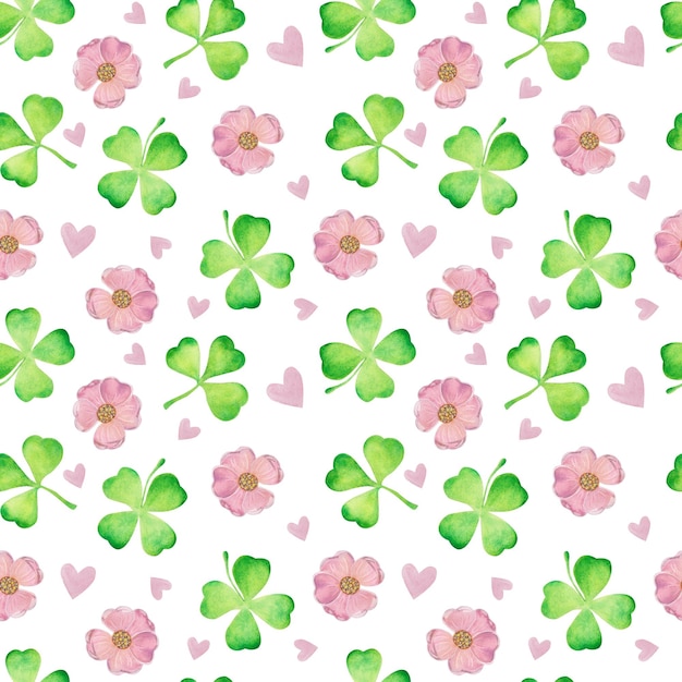 Photo watercolor handmade stpatrick 's day seamless pattern clover and flowers