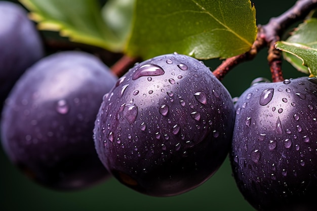 Foto piuma dipinta a mano ad acquerello ramo realistico con frutta viola e foglie verdi generate dall'ai