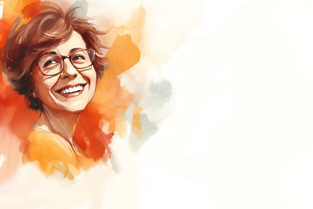 Watercolor happy attractive middleaged woman in glasses and short hair portrait background design