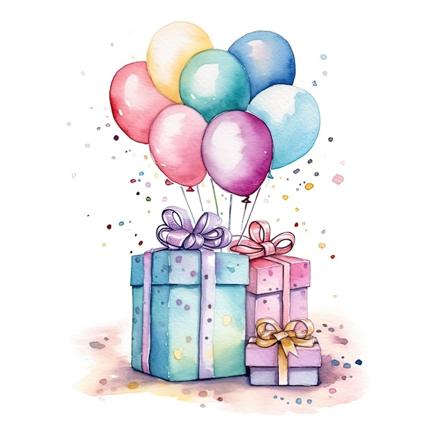 Watercolor Happy Birthday Gift Boxes with Balloons Illustration AI GenerativexA