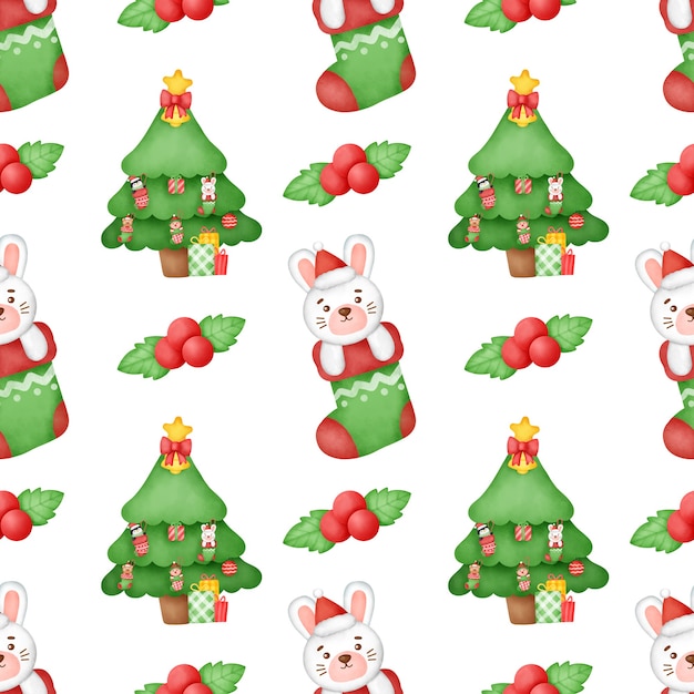 Watercolor Happy Christmas seamless patterns .