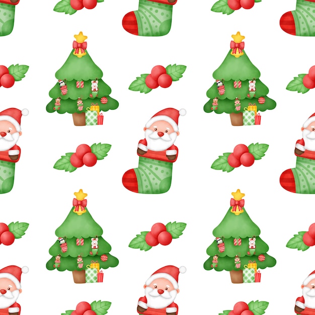 Watercolor Happy Christmas seamless patterns .