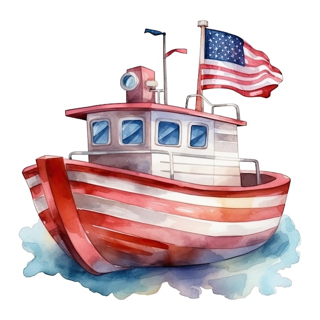 アメリカの国旗が描かれた水彩の幸せなかわいい愛国的なボート船、7 月 4 日の独立記念日米国