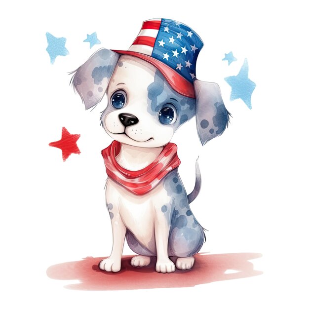 Photo watercolor happy cute patriotic dog puppy with american flag print 4th of july independence day usa