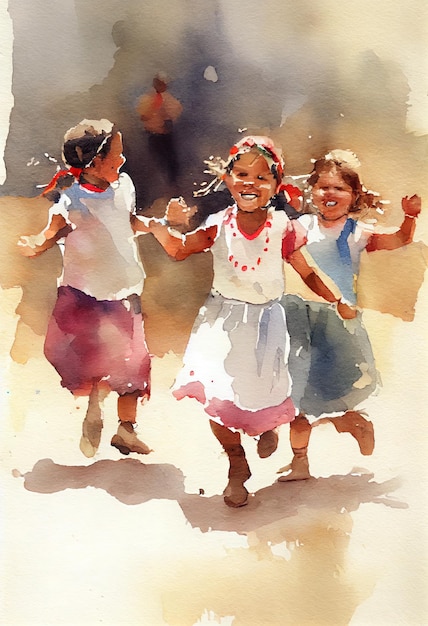 Watercolor happy dancing childs Ai render