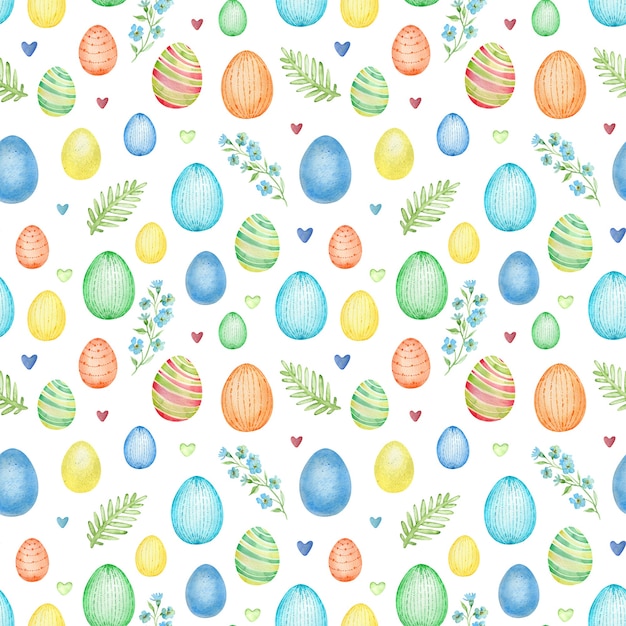 Photo watercolor happy easter eggs background. hand-drawn colorful holiday eggs and flowers seamless pattern in kids style.