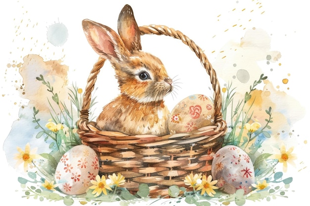 Watercolor Happy Easter watercolor card with cute Easter rabbit and basket with eggs in pastel colors isolated on white background