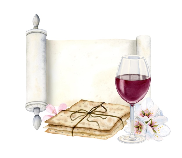 Watercolor Happy Passover greeting template with Haggadah scroll glass of wine matzah almond flowers