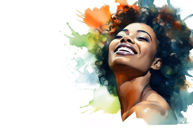 Watercolor happy smiling black woman with short curly hair on white background with copy space