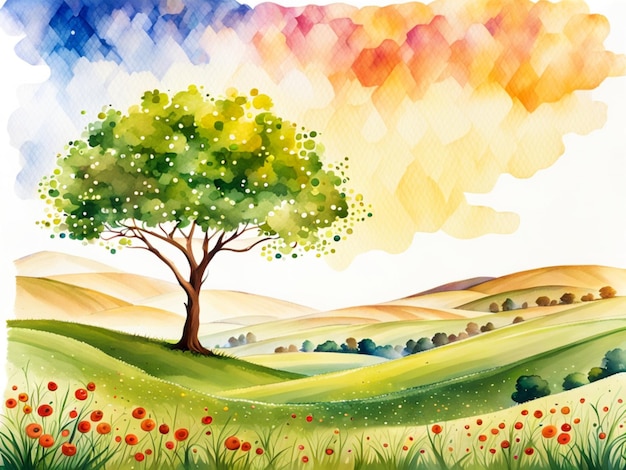 Watercolor happy tu bishvat tree on the meadow field