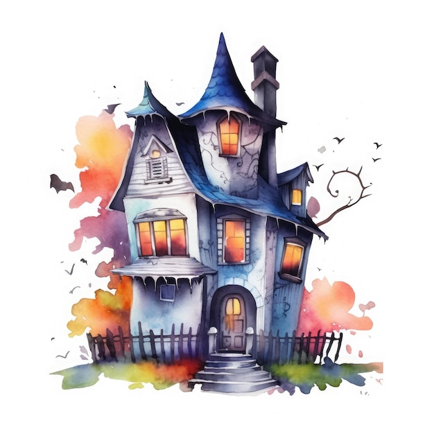 Watercolor Haunted house clipart in halloween theme On White Background