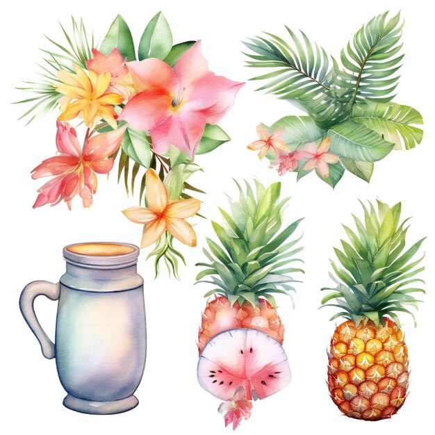 Photo watercolor hawaii art collection on white background