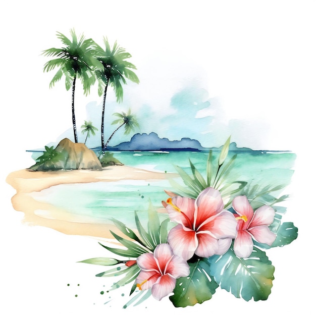 白い背景の水彩画のハワイ アート コレクション