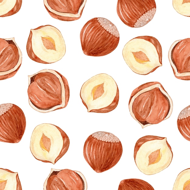 watercolor hazelnut seamless pattern on white background