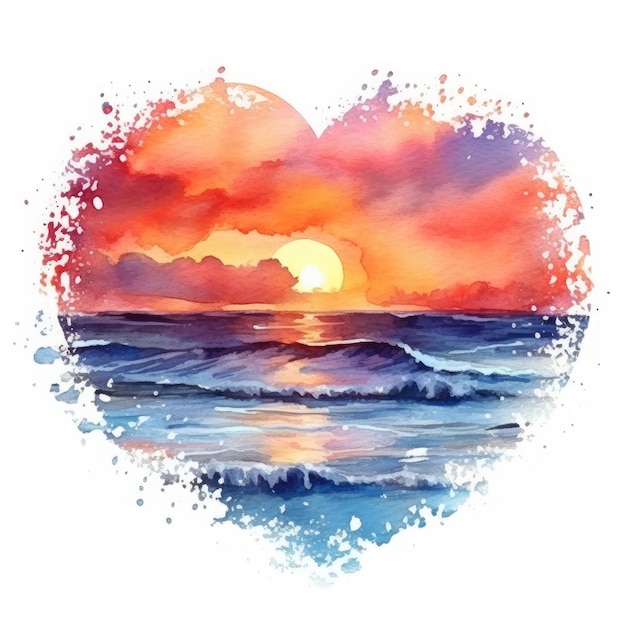 Watercolor heart beach sunset clipart on white background