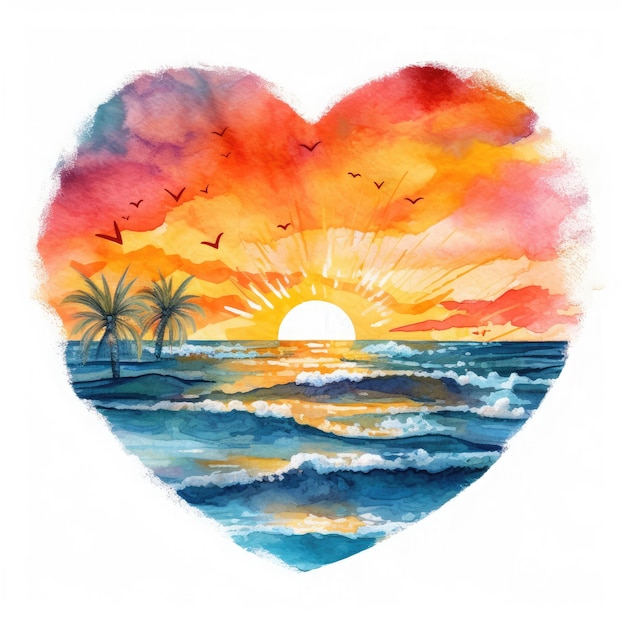 Watercolor heart beach sunset clipart On White Background