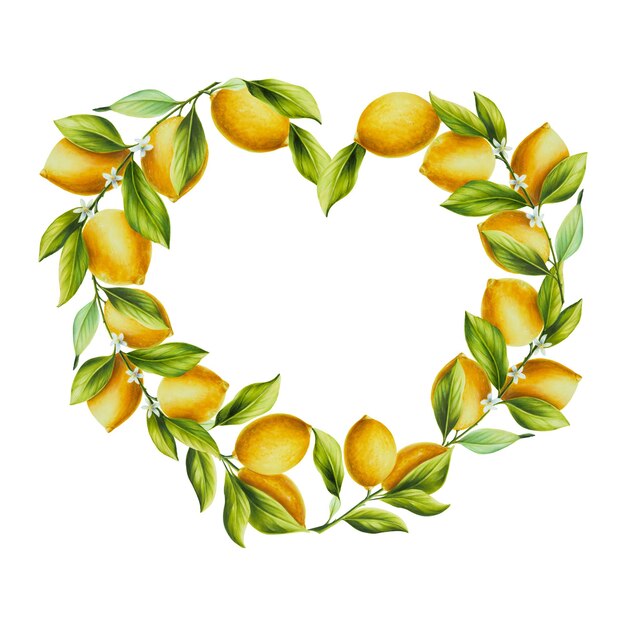 Watercolor heart frame with fresh ripe lemon with bright green leaves and flowers Hand drawn cut cit