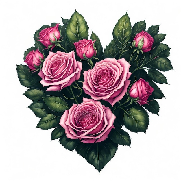 Watercolor heart made of pink roses and green leaves