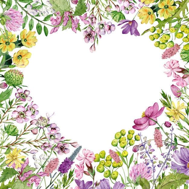 Watercolor heart shaped wildflowers frame4