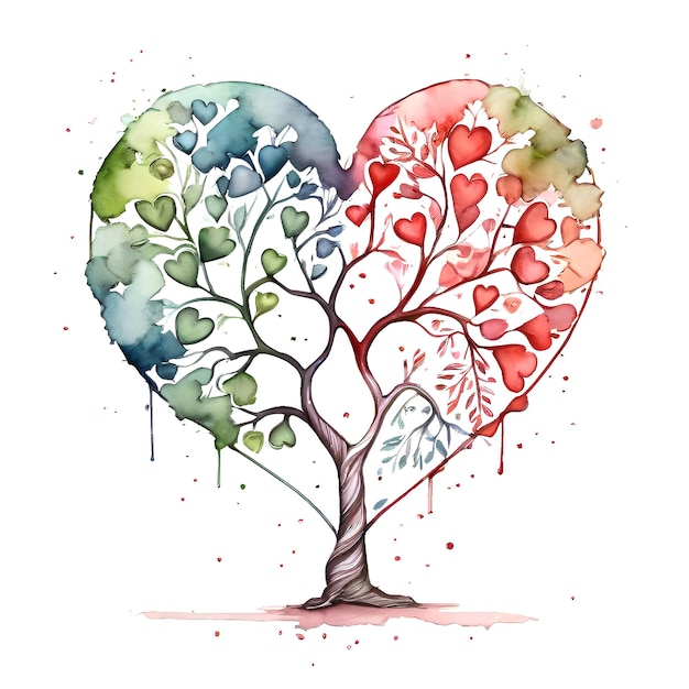 Acquerello albero cuore con foglie isolate su sfondo bianco simbolo di amore buon valentino