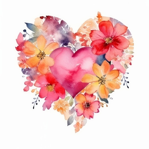 Watercolor heart with flowers Illustration AI GenerativexA