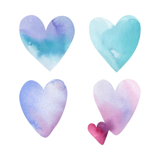 Photo watercolor hearts of different colors in a set on a white background the illustration is handdrawn the holiday is valentines day postcard template clipart stickers
