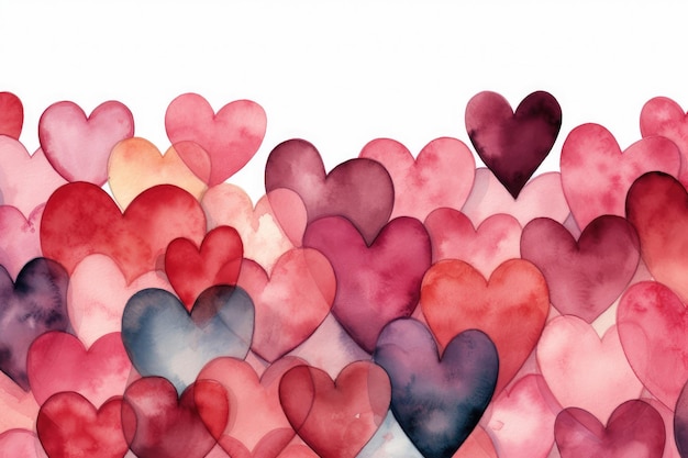 Watercolor hearts of different sizes in pink purple and lilac colors on a white background