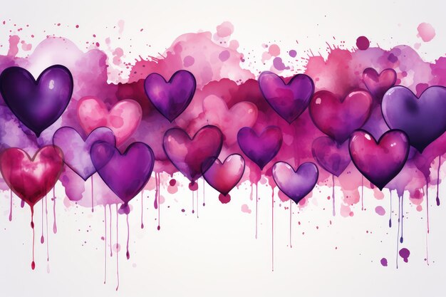 Watercolor hearts of different sizes in pink purple and lilac colors on a white background