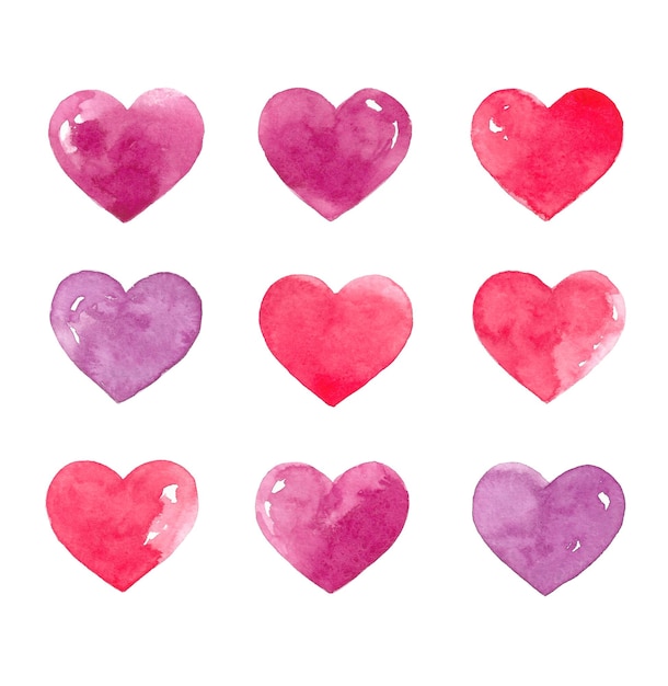 Photo watercolor hearts in red and purple colors