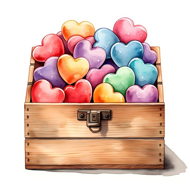 Watercolor hearts in wooden crate isolated on white background