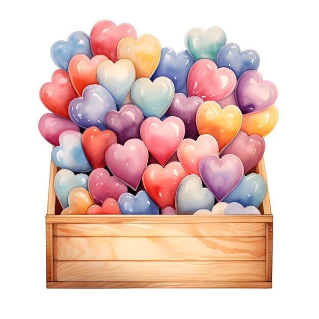 Watercolor hearts in wooden crate isolated on white background