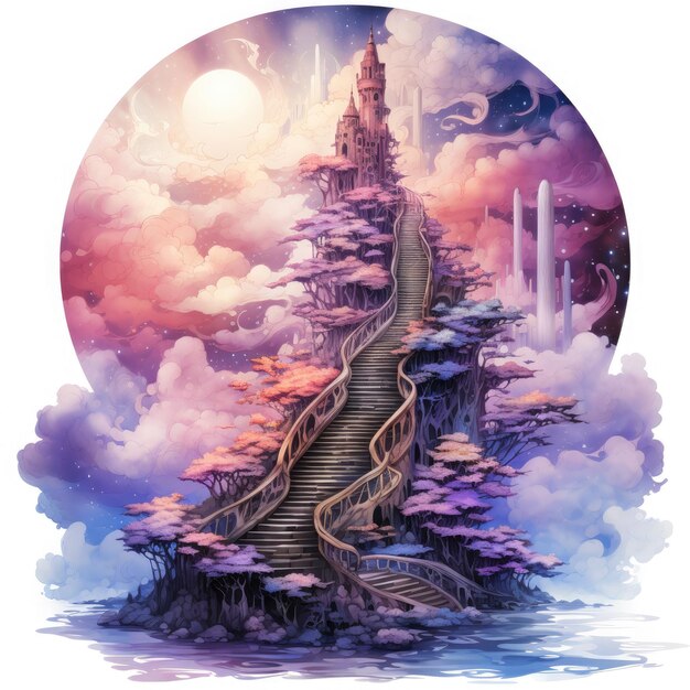 Watercolor Heaven Stairs Illustration Generative Ai