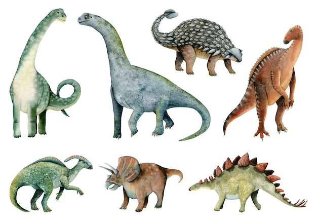 Photo watercolor herbivores dinosaurs brachiosaurus ankylosaurus triceratops stegosaurus parasaurolophus