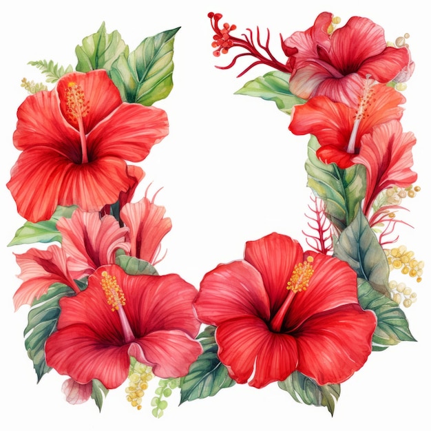 Watercolor Hibiscus Frame On White Background