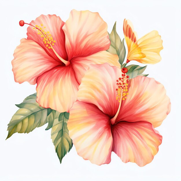 Watercolor Hibiscus fresh juicy Cottagecore Hawaii style garden tea party
