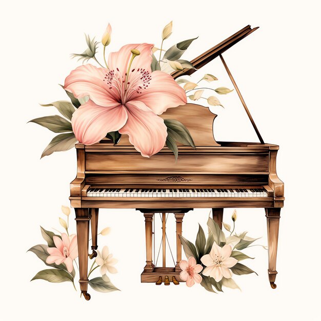 Photo watercolor hibiscus vintage piano cottagecore hawaii style garden tea party