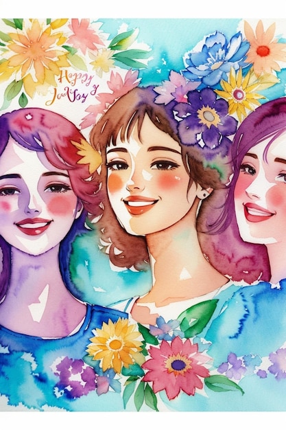 Watercolor High Large group friendship smiling with happiness Portrait fun time by AI generated