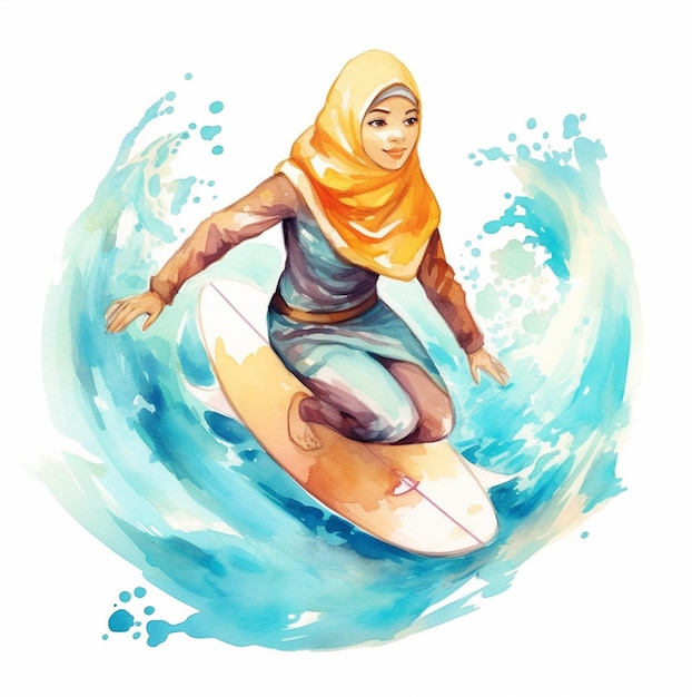 Watercolor Hijab Muslim surfing