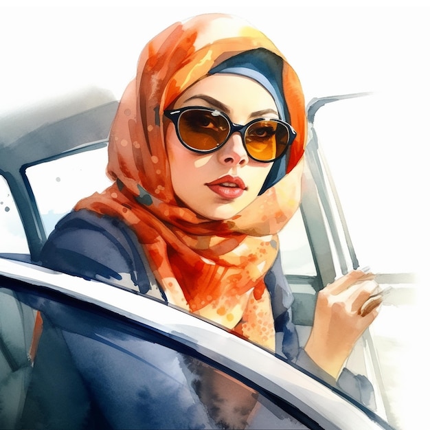 Watercolor Hijabi Muslim woman driving