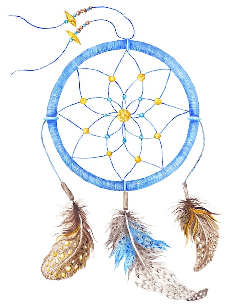 watercolor hippie style accessory with beads and feathers