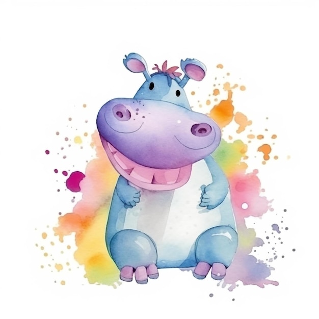 Watercolor hippo watercolor illustration on a white background.