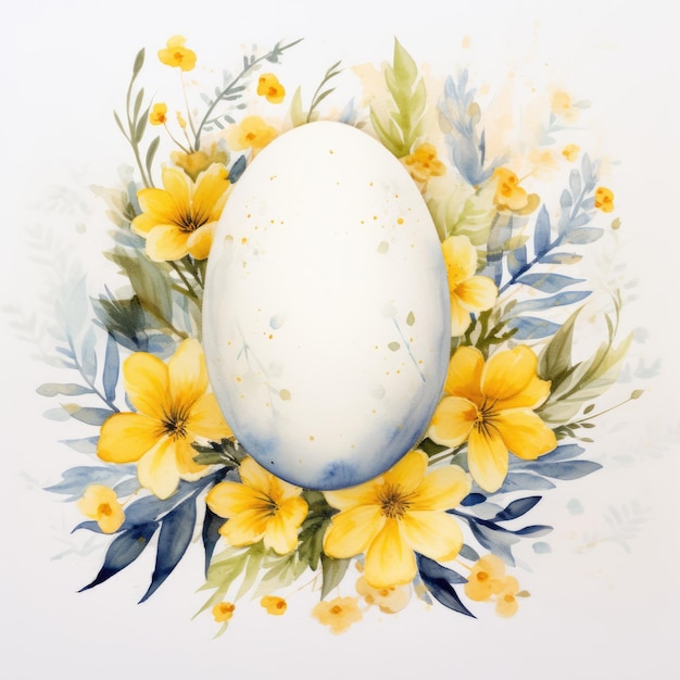 イースターの黄色い卵と白い背景の春の花で作られた水彩のホリデーフレーム イースター