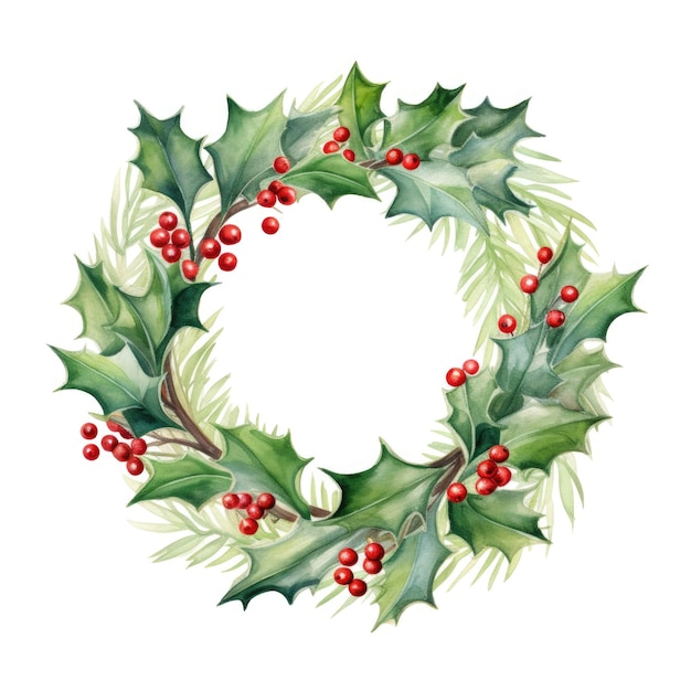 Photo watercolor holly wreath with red berries on white background