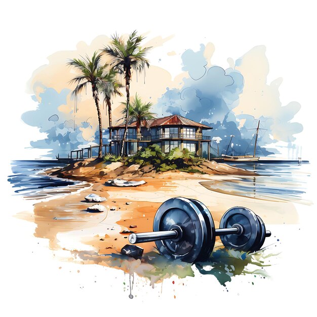 Watercolor of home gym with moonlit beach view navy blue and sandy beige c art tshrit sticker ink