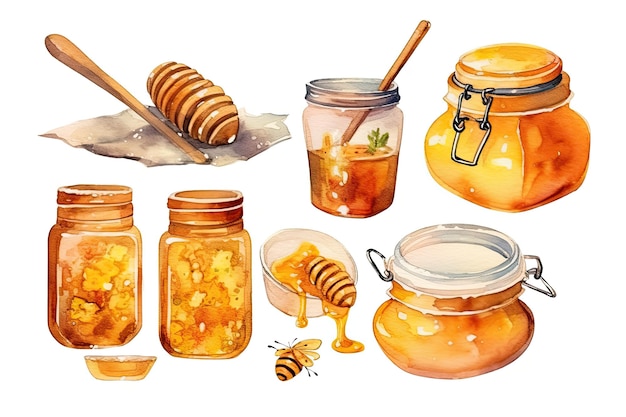 Акварель Honey set with jar dipper honeycomb house and bucket isolated (Медный набор с кувшином, сотовым домом и ведрами изолированы)
