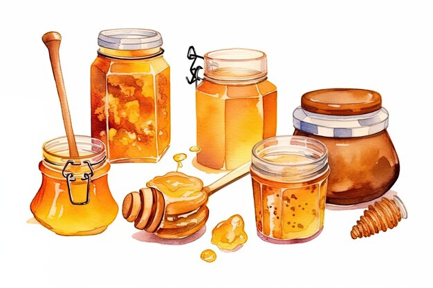 Акварель Honey set with jar dipper honeycomb house and bucket isolated (Медный набор с кувшином, сотовым домом и ведрами изолированы)