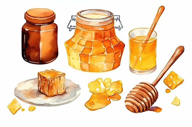 Акварель Honey set with jar dipper honeycomb house and bucket isolated (Медный набор с кувшином, сотовым домом и ведрами изолированы)