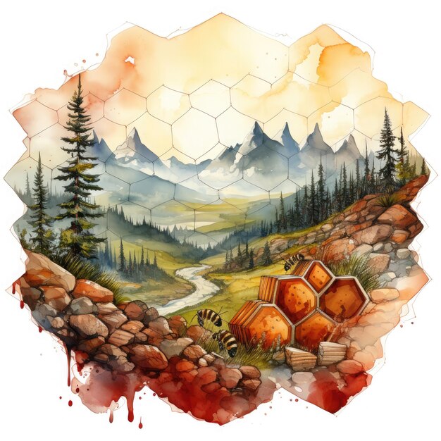 Photo watercolor a honeycomb depicting a simple comic style mountain and a pine clipart generative ai