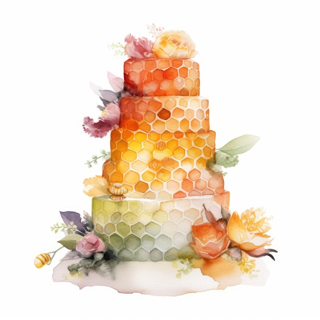 Watercolor honeycombthemed wedding cake single white background AI generated