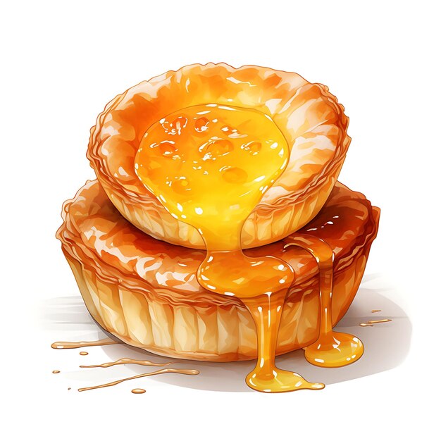 Watercolor of Hong Kong Egg Tart Chinese Pastry Yellow Color Concept Flaky Clipart Isolated Dessert